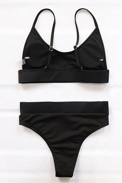 Solid High Waist Ribbed Bikinis Swimsuits