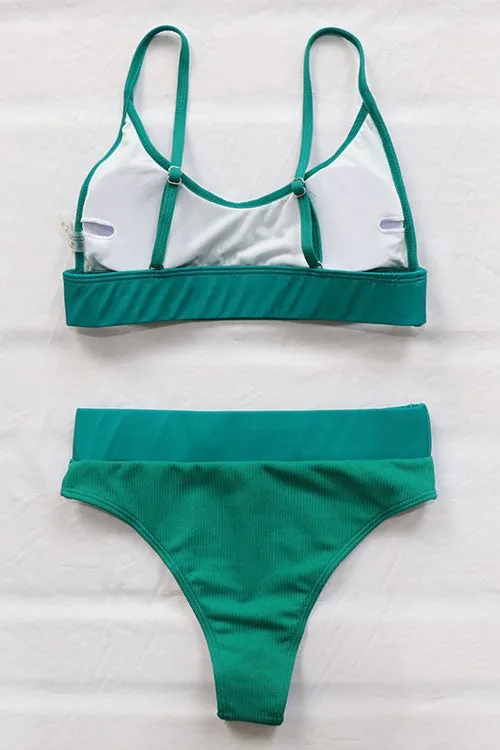 Solid High Waist Ribbed Bikinis Swimsuits