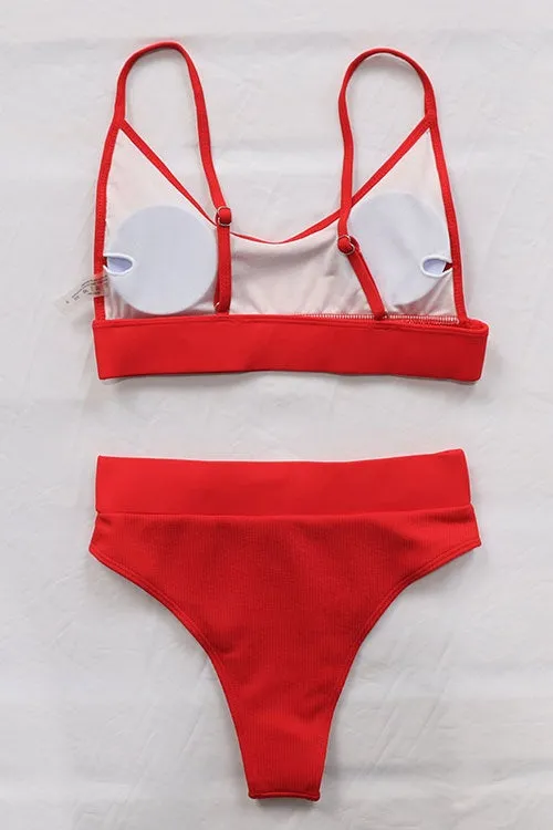 Solid High Waist Ribbed Bikinis Swimsuits