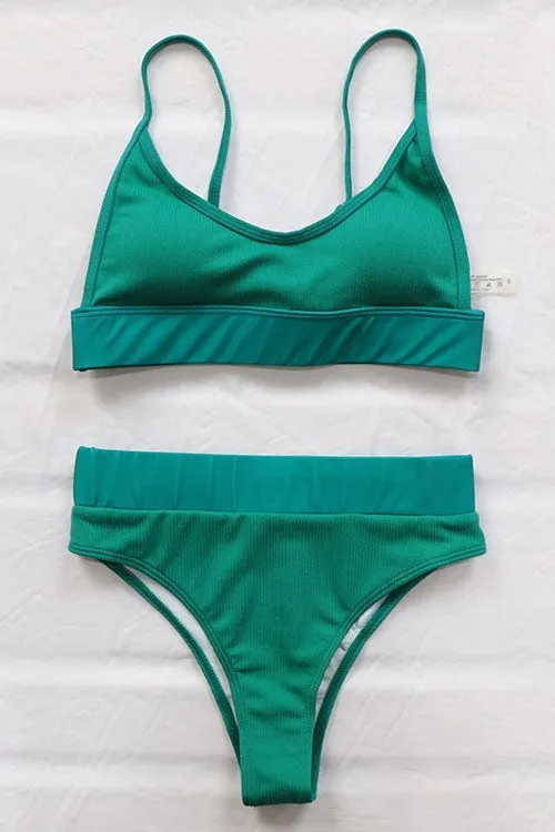 Solid High Waist Ribbed Bikinis Swimsuits