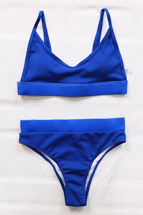 Solid High Waist Ribbed Bikinis Swimsuits