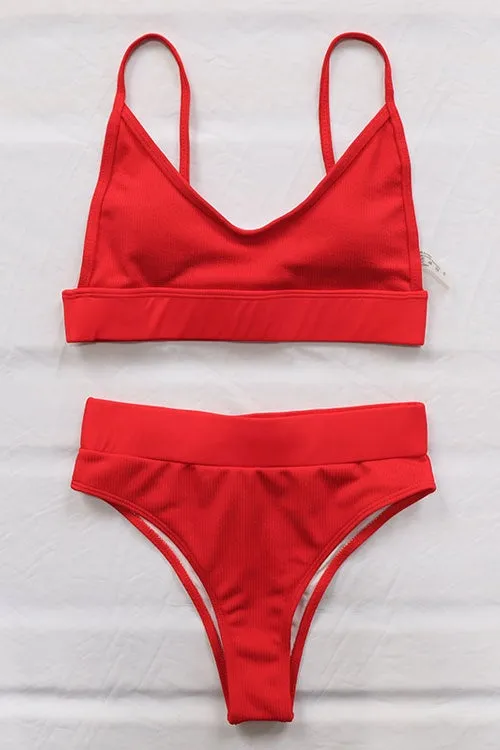 Solid High Waist Ribbed Bikinis Swimsuits