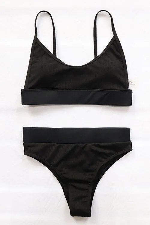 Solid High Waist Ribbed Bikinis Swimsuits
