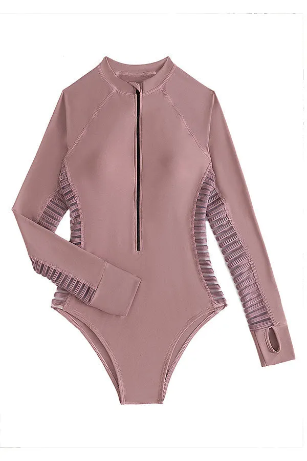 Solid Ladder Cut Out Zip Long Sleeve UPF50  Rash Guard