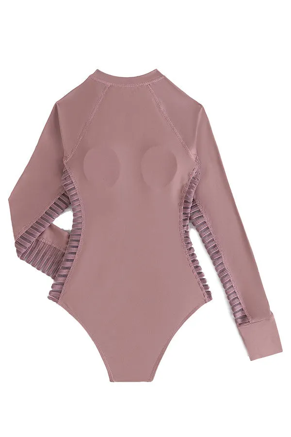 Solid Ladder Cut Out Zip Long Sleeve UPF50  Rash Guard