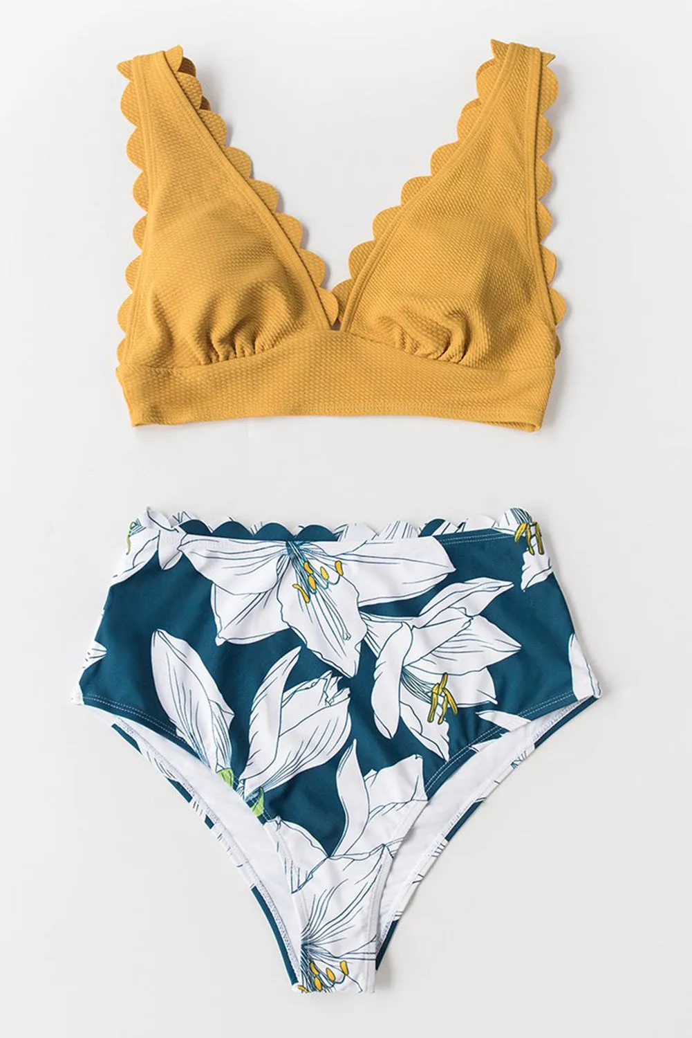 Solid V-Neck Top and Floral Panty Scalloped High Waist Bikini