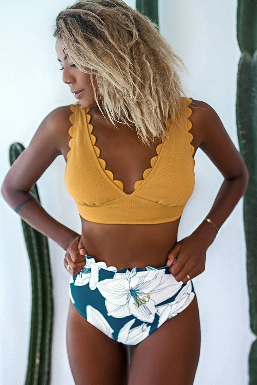 Solid V-Neck Top and Floral Panty Scalloped High Waist Bikini