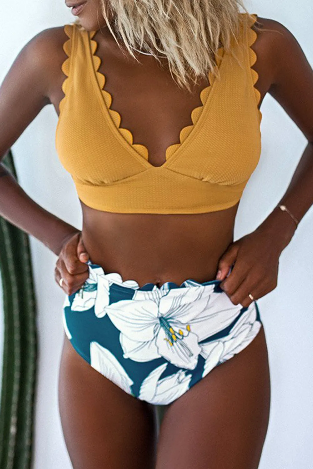 Solid V-Neck Top and Floral Panty Scalloped High Waist Bikini
