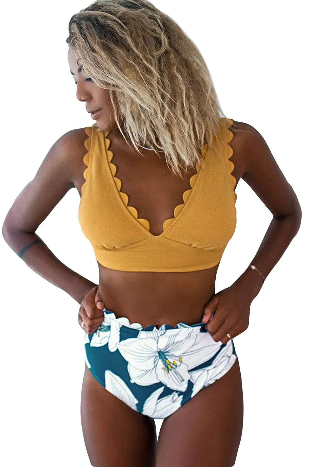 Solid V-Neck Top and Floral Panty Scalloped High Waist Bikini