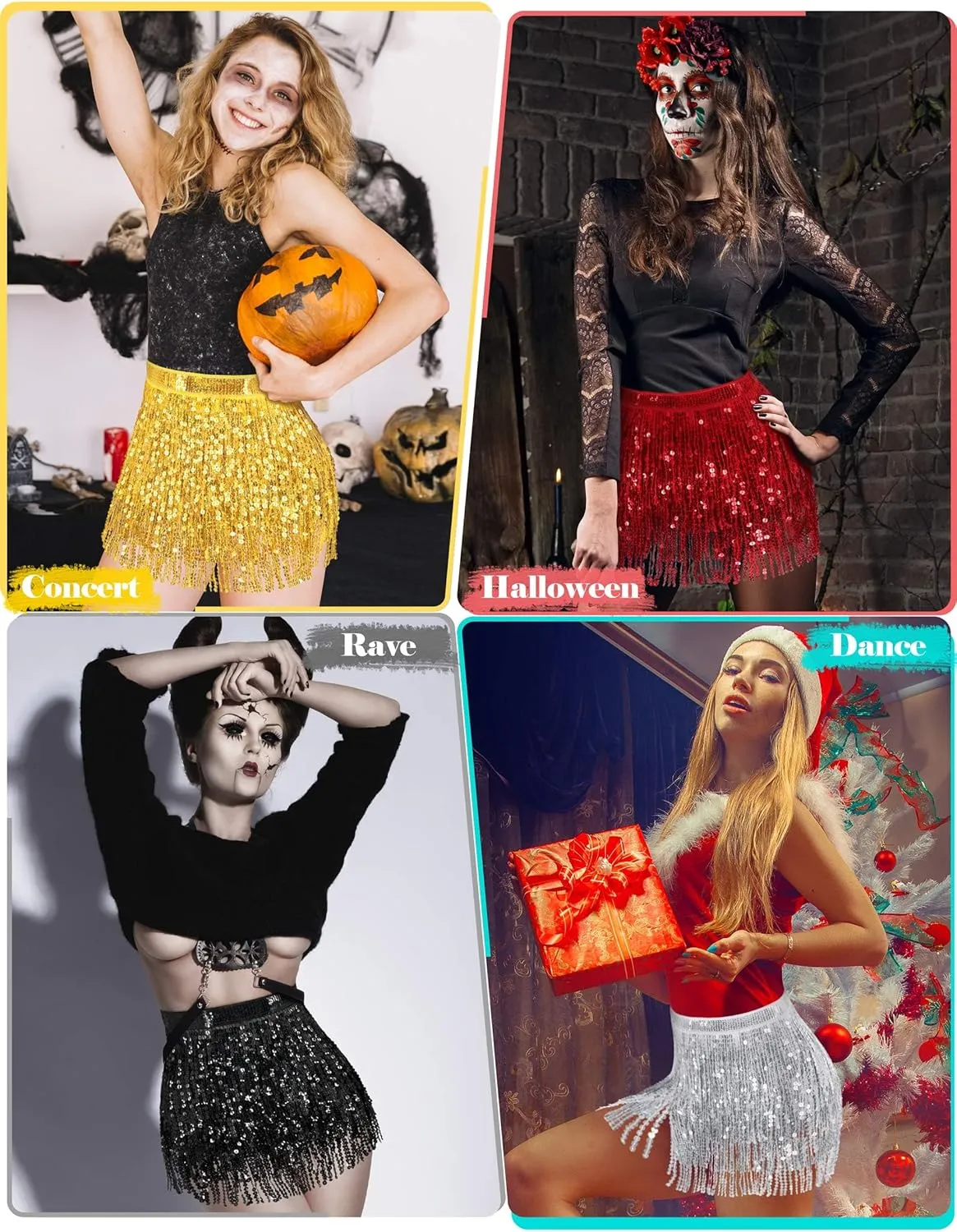 Sparkly Sequin Skirt for Women - Glitter & Fringe, Tassel Rave & Belly Dance Wrap Skirt