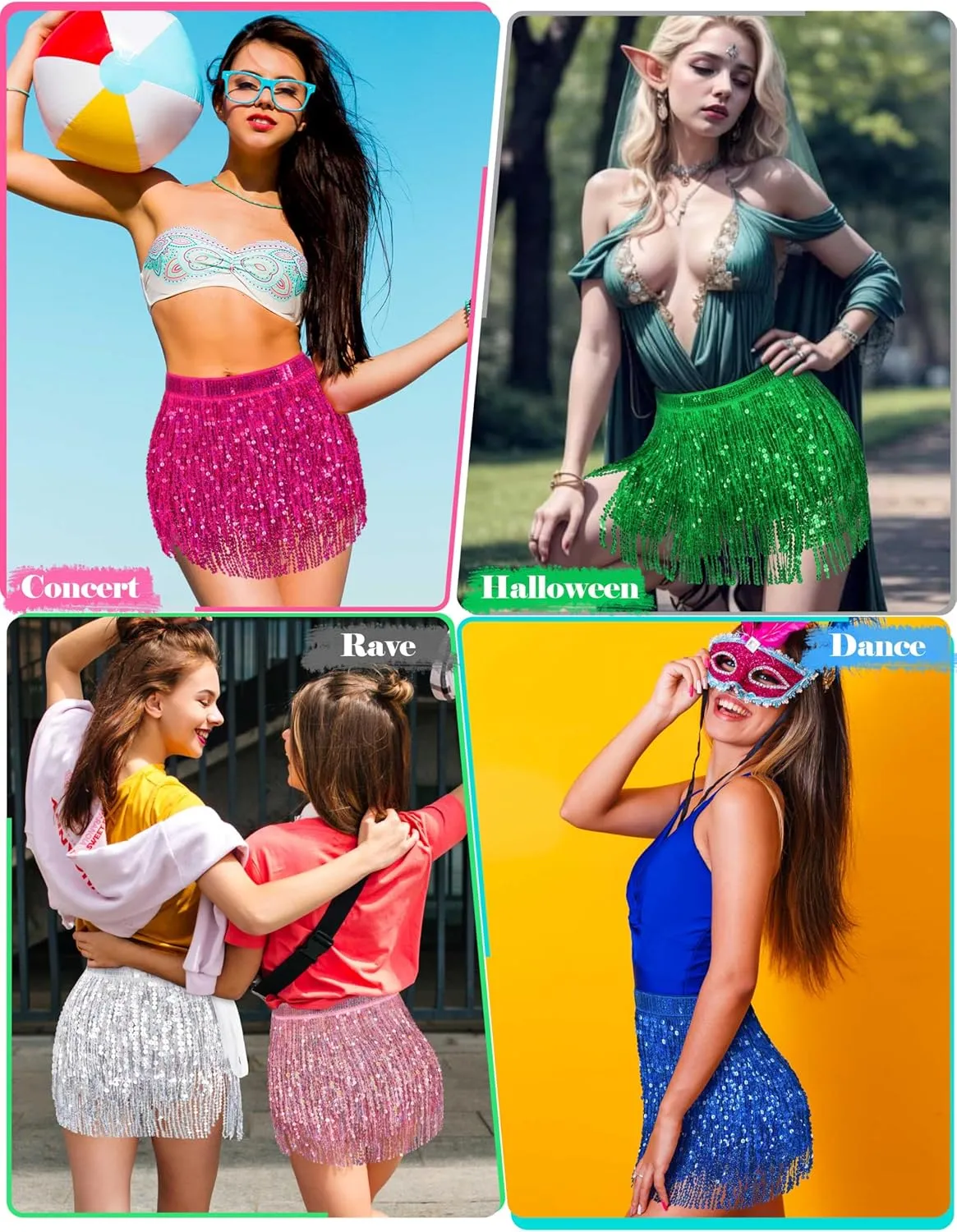 Sparkly Sequin Skirt for Women - Glitter & Fringe, Tassel Rave & Belly Dance Wrap Skirt