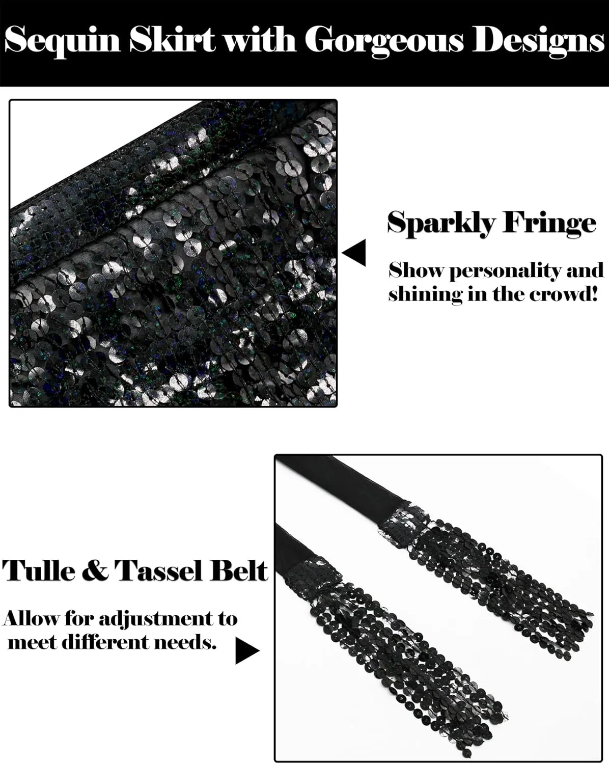 Sparkly Sequin Skirt for Women - Glitter & Fringe, Tassel Rave & Belly Dance Wrap Skirt