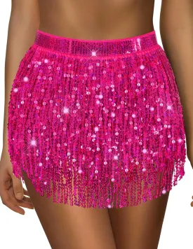 Sparkly Sequin Skirt for Women - Glitter & Fringe, Tassel Rave & Belly Dance Wrap Skirt
