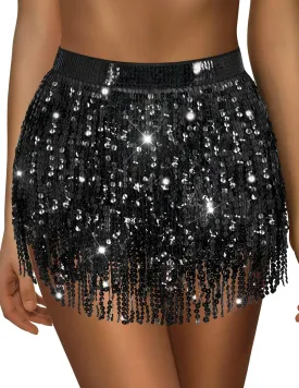 Sparkly Sequin Skirt for Women - Glitter & Fringe, Tassel Rave & Belly Dance Wrap Skirt