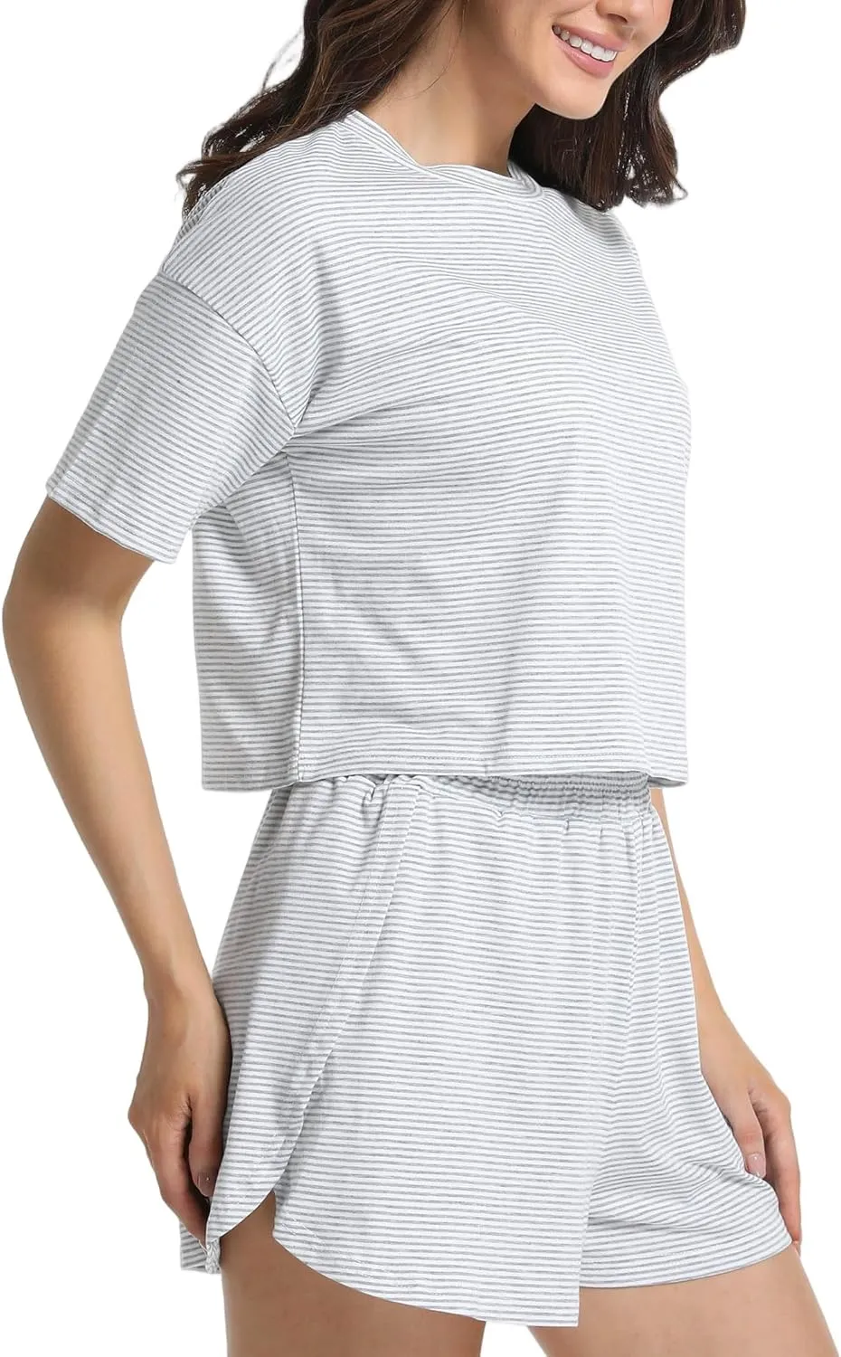 Split Short Pajama Set Soft Women's Striped Pajama Sleeve Tee & Elastic Waist Shorts Lounge Sleepwear