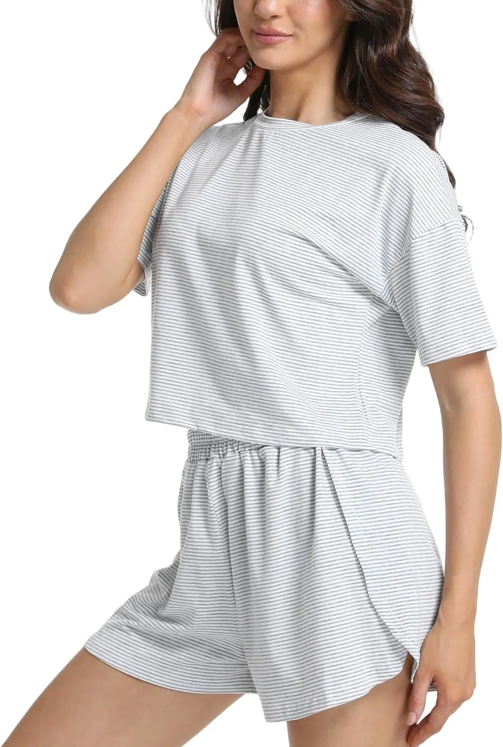 Split Short Pajama Set Soft Women's Striped Pajama Sleeve Tee & Elastic Waist Shorts Lounge Sleepwear