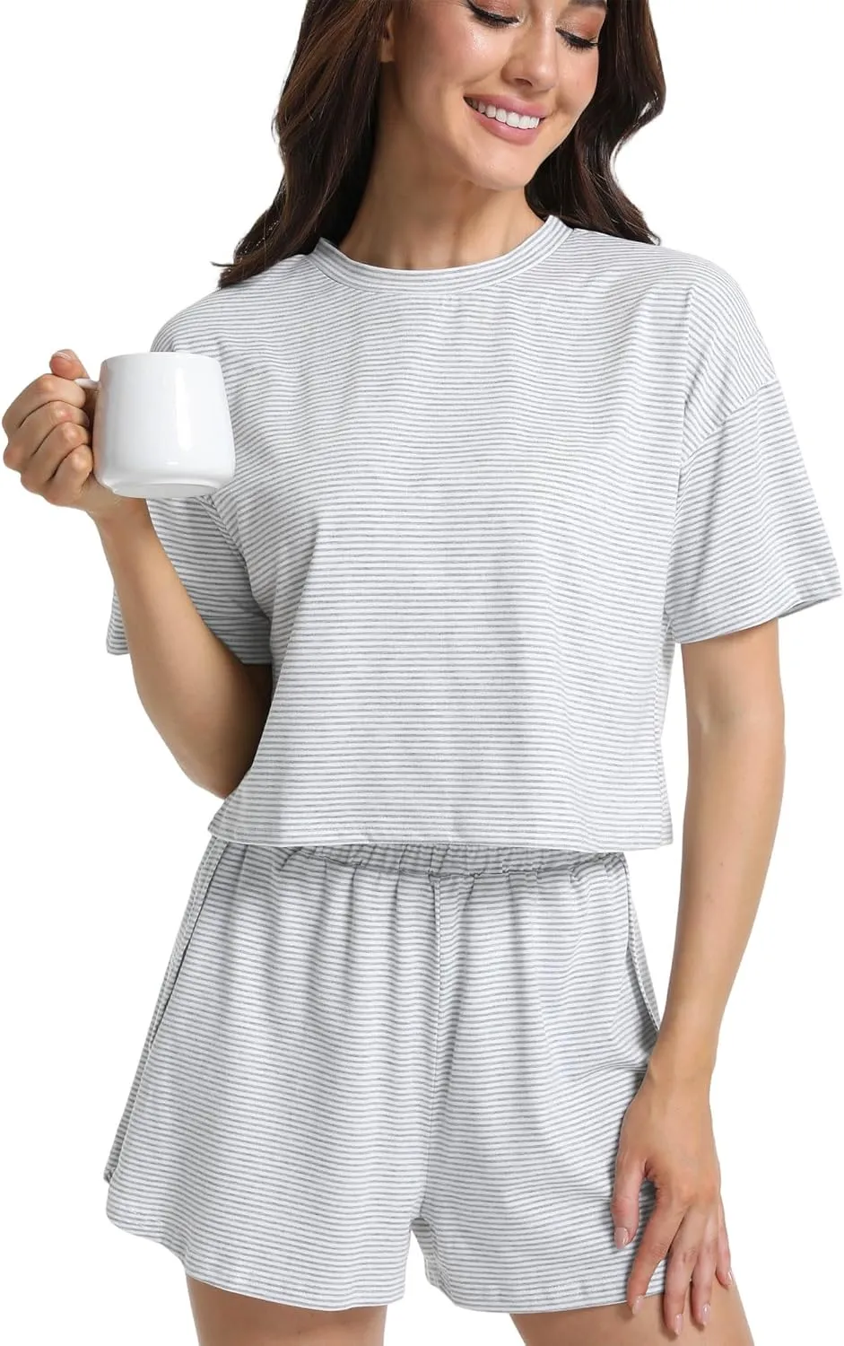 Split Short Pajama Set Soft Women's Striped Pajama Sleeve Tee & Elastic Waist Shorts Lounge Sleepwear
