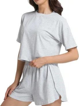 Split Short Pajama Set Soft Women's Striped Pajama Sleeve Tee & Elastic Waist Shorts Lounge Sleepwear