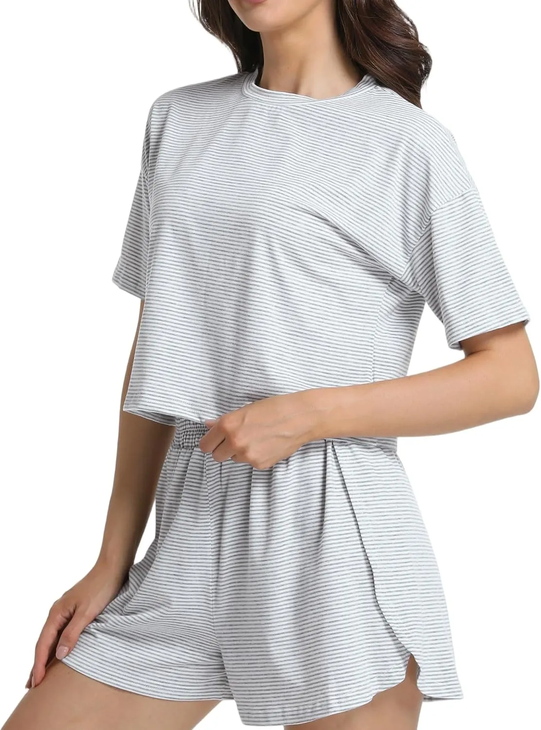Split Short Pajama Set Soft Women's Striped Pajama Sleeve Tee & Elastic Waist Shorts Lounge Sleepwear