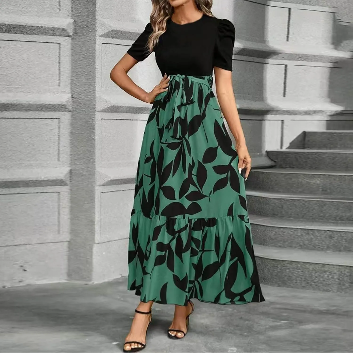 Summer Dresses for Women Empire Waist Tie Tiered Garden Party Dress Short Sleeve Floral Printed Beach Boho Dress