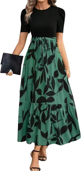 Summer Dresses for Women Empire Waist Tie Tiered Garden Party Dress Short Sleeve Floral Printed Beach Boho Dress
