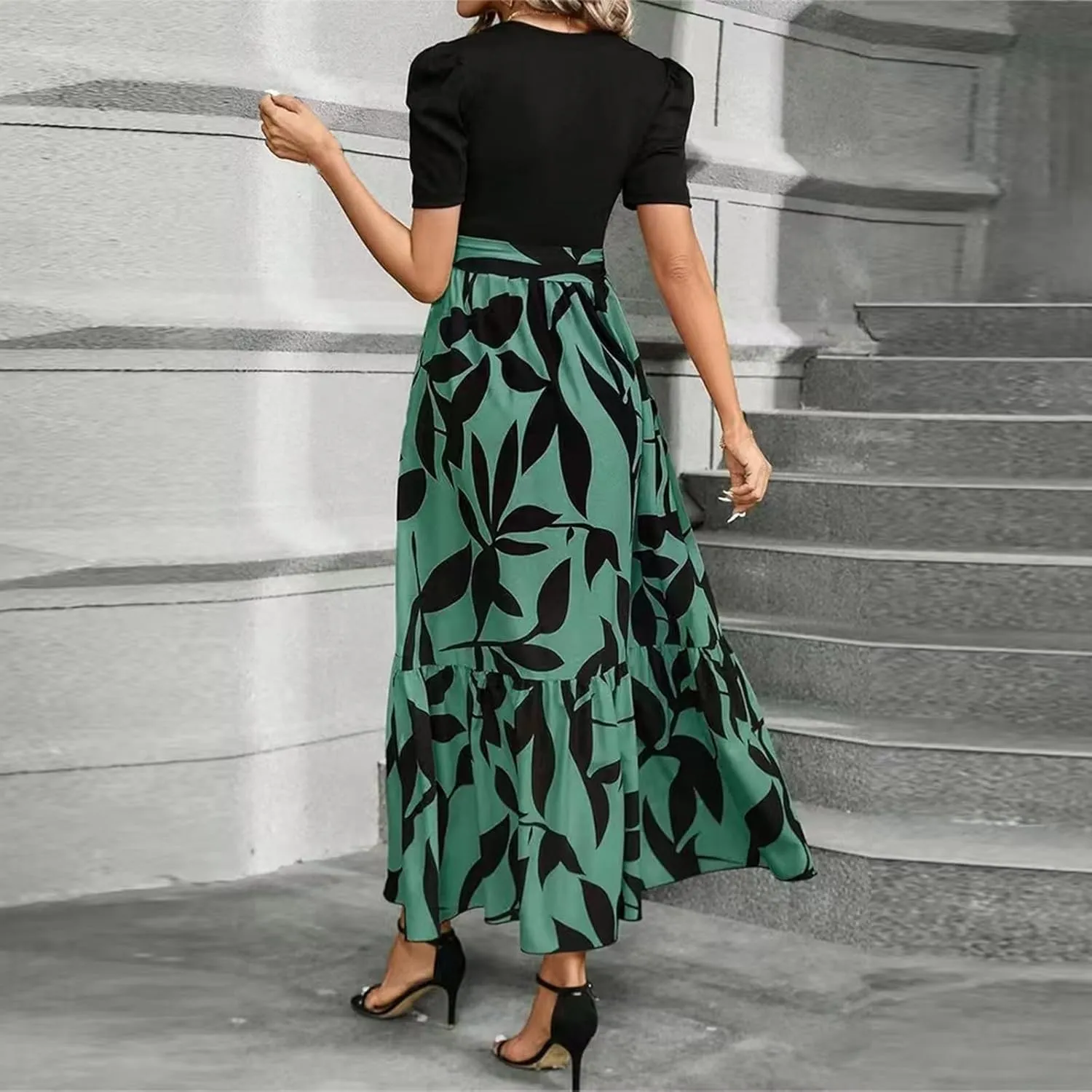 Summer Dresses for Women Empire Waist Tie Tiered Garden Party Dress Short Sleeve Floral Printed Beach Boho Dress