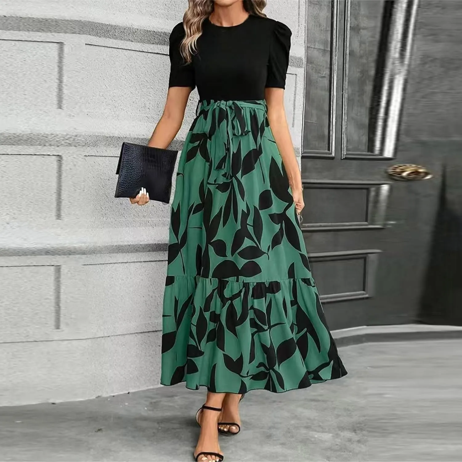 Summer Dresses for Women Empire Waist Tie Tiered Garden Party Dress Short Sleeve Floral Printed Beach Boho Dress