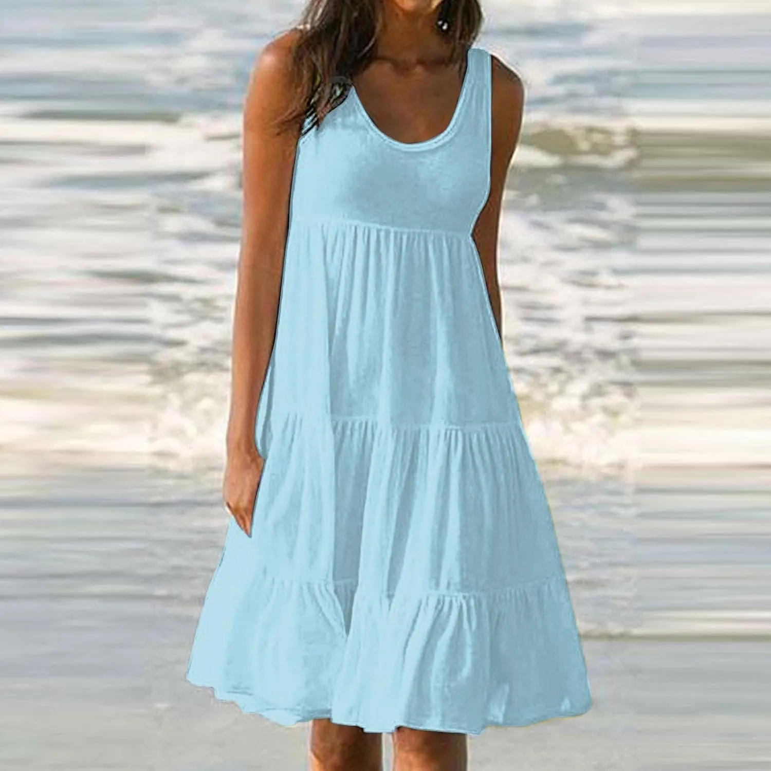 Sundresses for Women 2025 Floral Print Pleated Sundresses Round Neck Sleeveless Midi Dresses Swing Beach Dress