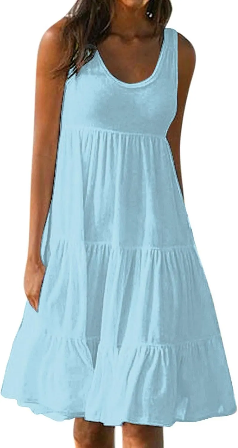 Sundresses for Women 2025 Floral Print Pleated Sundresses Round Neck Sleeveless Midi Dresses Swing Beach Dress