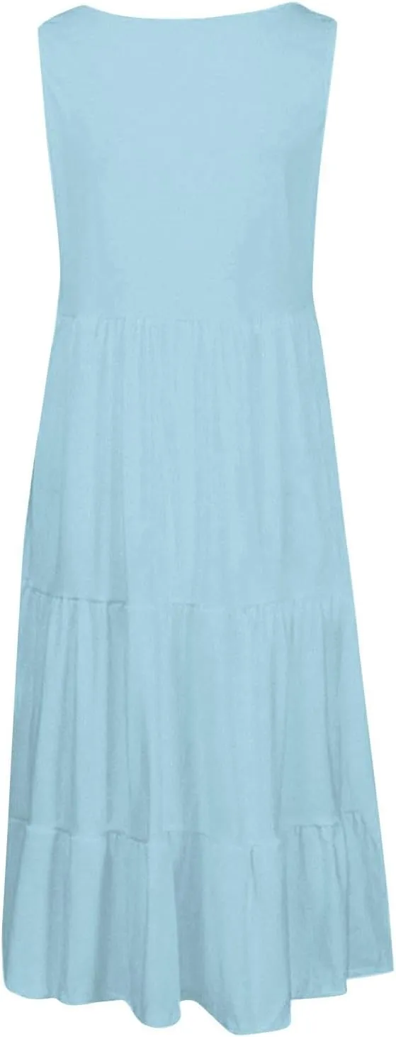 Sundresses for Women 2025 Floral Print Pleated Sundresses Round Neck Sleeveless Midi Dresses Swing Beach Dress