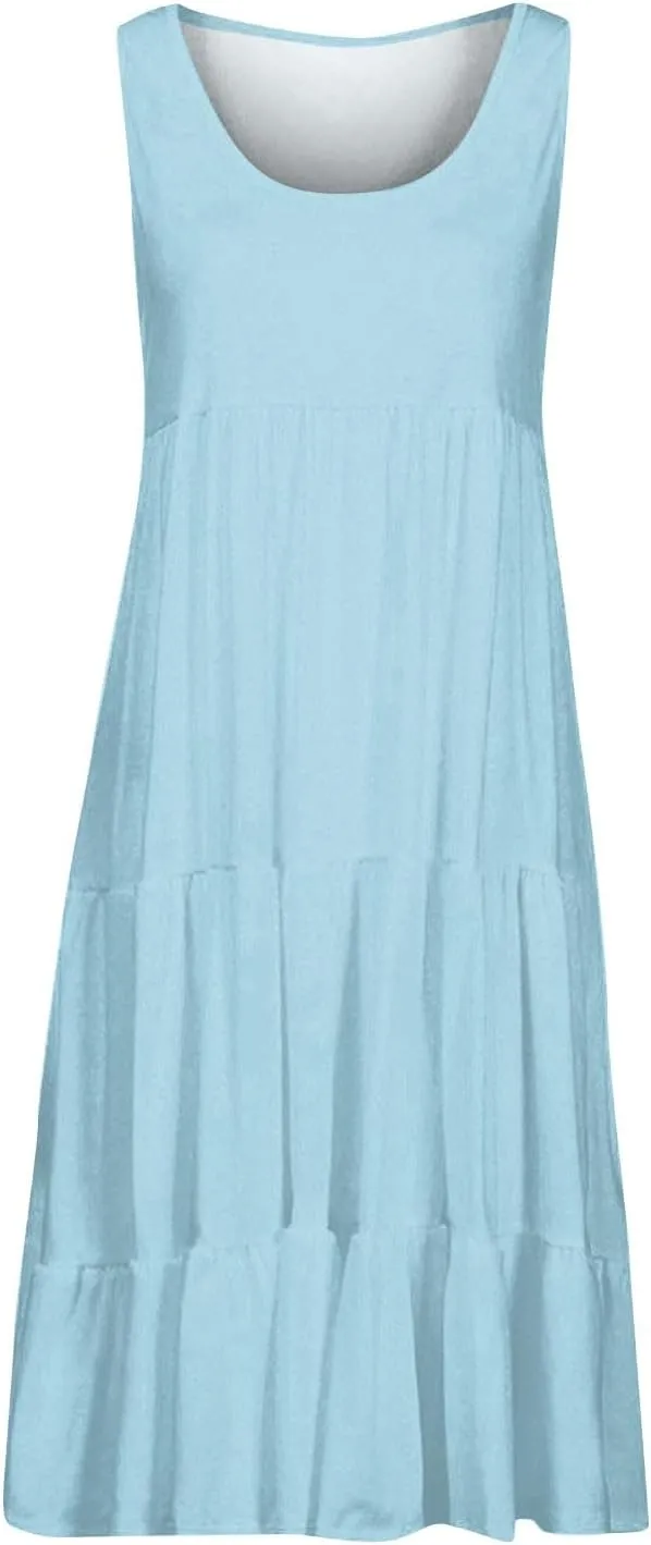 Sundresses for Women 2025 Floral Print Pleated Sundresses Round Neck Sleeveless Midi Dresses Swing Beach Dress