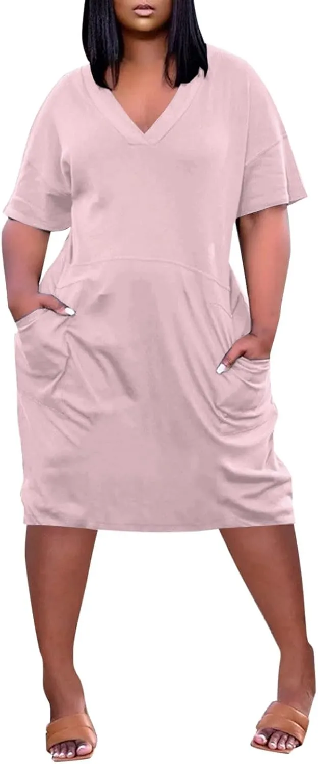 Tshirt Dress Women Oversized Plus Size Dress Loose Fit V Neck Short Sleeve Nightgowns Casual Midi Tee Shirt Dress