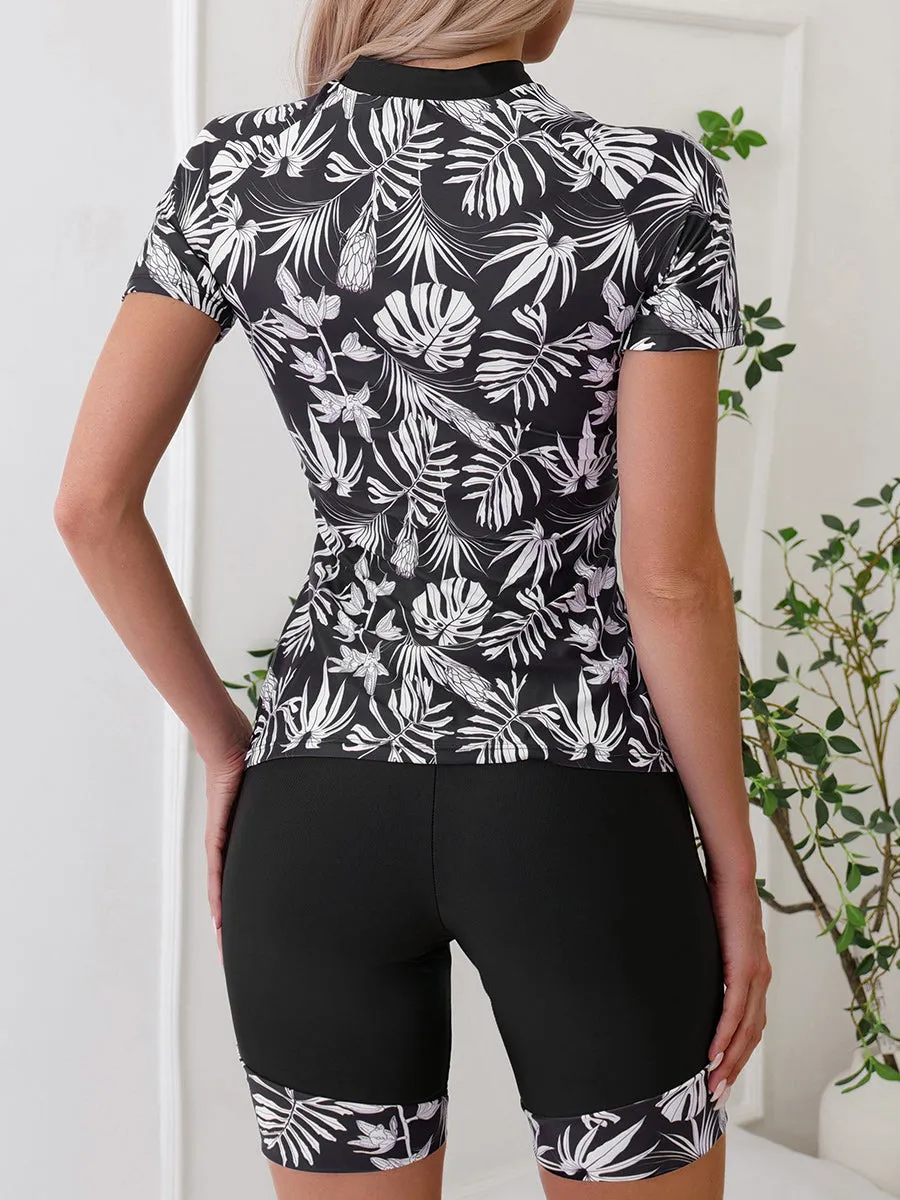 Two piece set Leaf print short-sleeved swimsuit with boxer briefs UPF50  Rash Guard