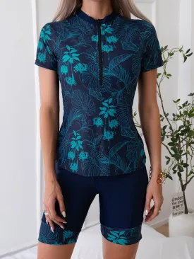 Two piece set Leaf print short-sleeved swimsuit with boxer briefs UPF50  Rash Guard