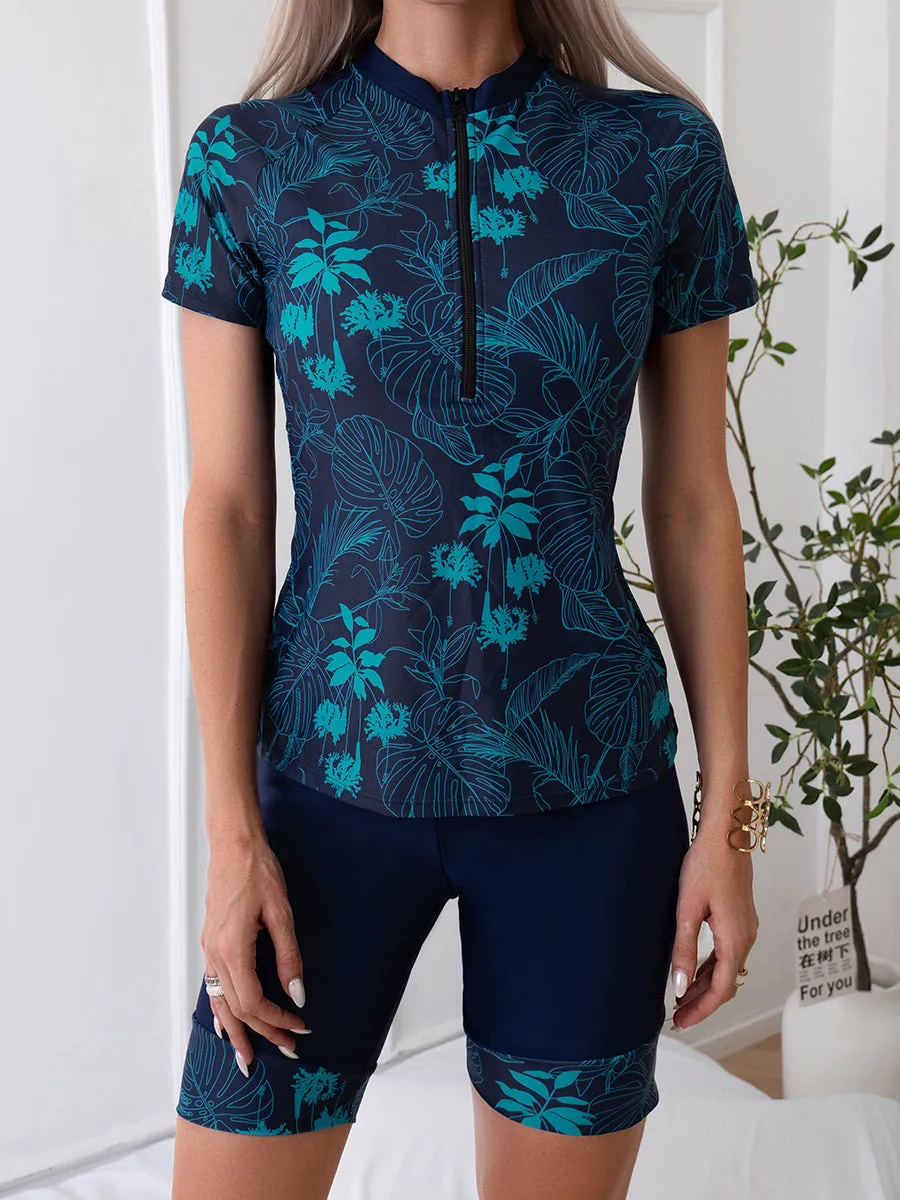 Two piece set Leaf print short-sleeved swimsuit with boxer briefs UPF50  Rash Guard