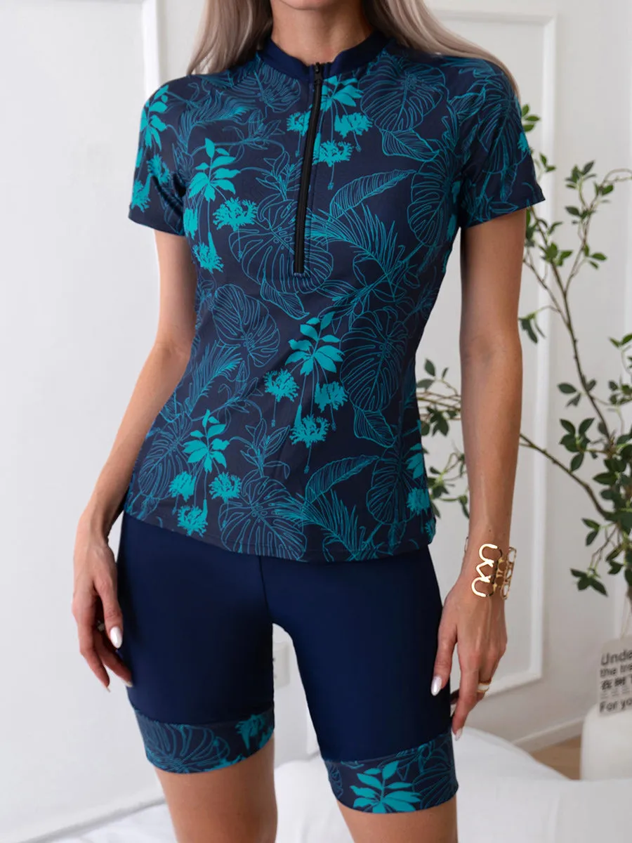 Two piece set Leaf print short-sleeved swimsuit with boxer briefs UPF50  Rash Guard