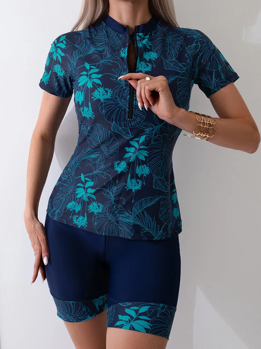 Two piece set Leaf print short-sleeved swimsuit with boxer briefs UPF50  Rash Guard