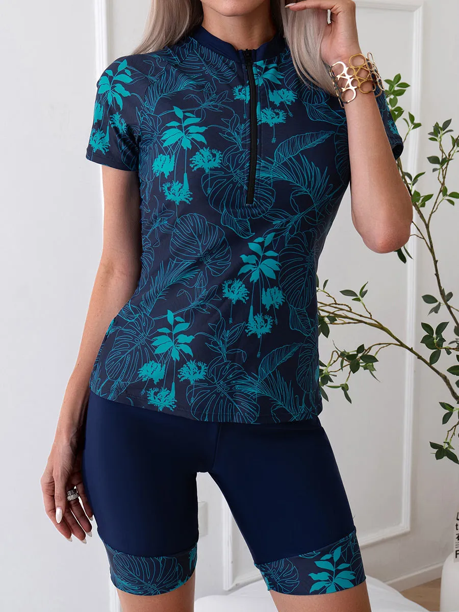 Two piece set Leaf print short-sleeved swimsuit with boxer briefs UPF50  Rash Guard