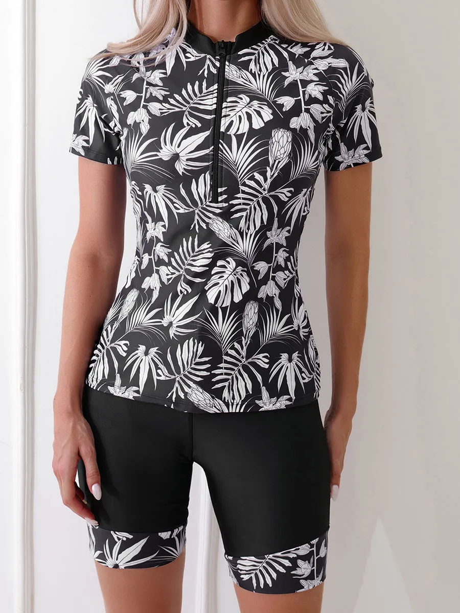Two piece set Leaf print short-sleeved swimsuit with boxer briefs UPF50  Rash Guard