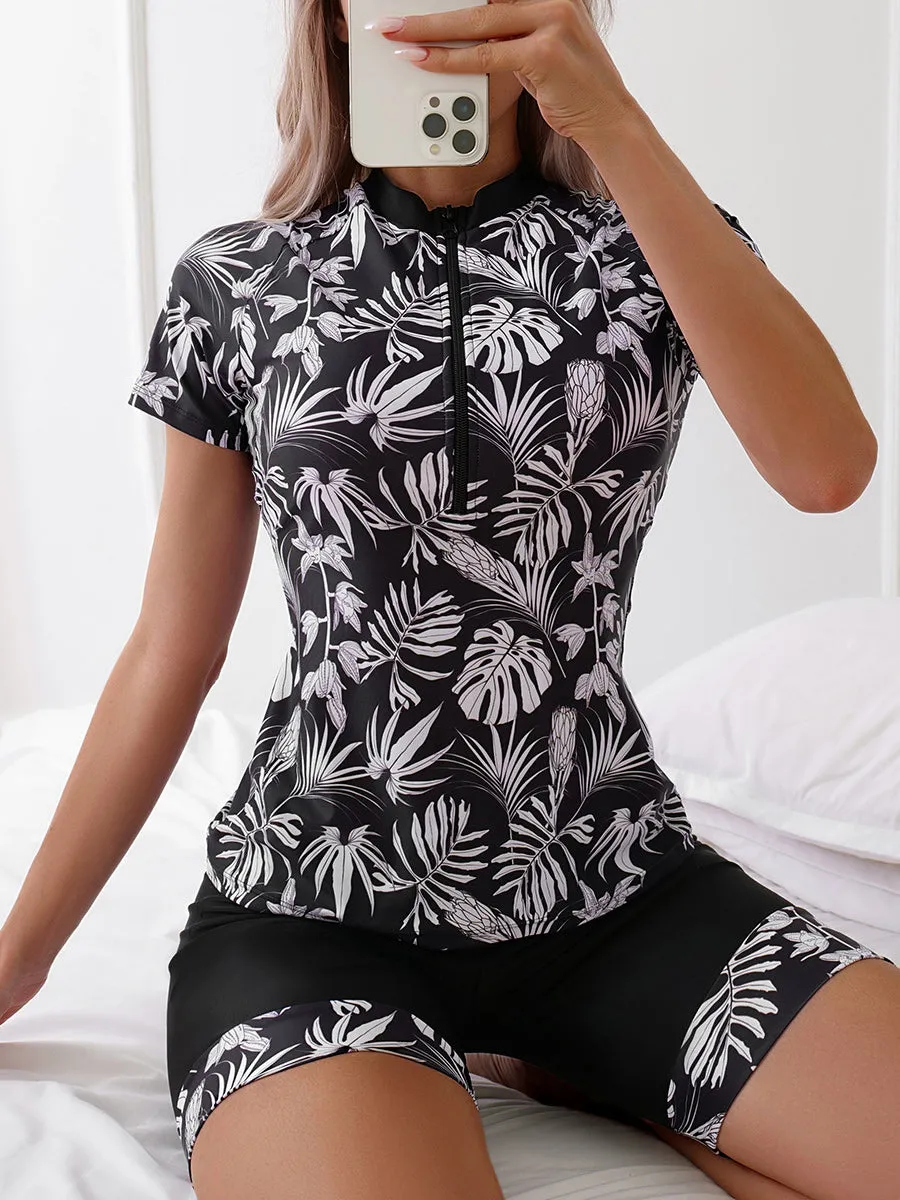Two piece set Leaf print short-sleeved swimsuit with boxer briefs UPF50  Rash Guard