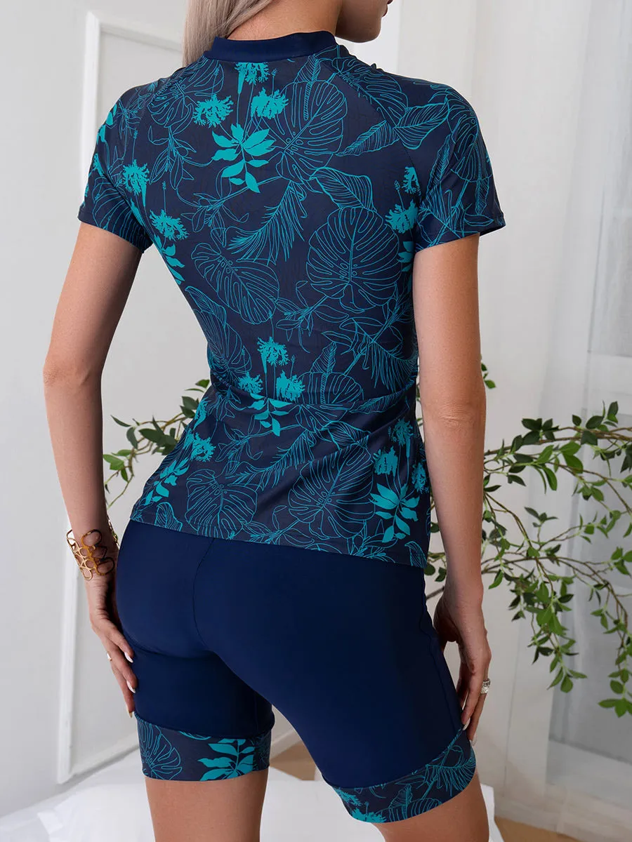 Two piece set Leaf print short-sleeved swimsuit with boxer briefs UPF50  Rash Guard