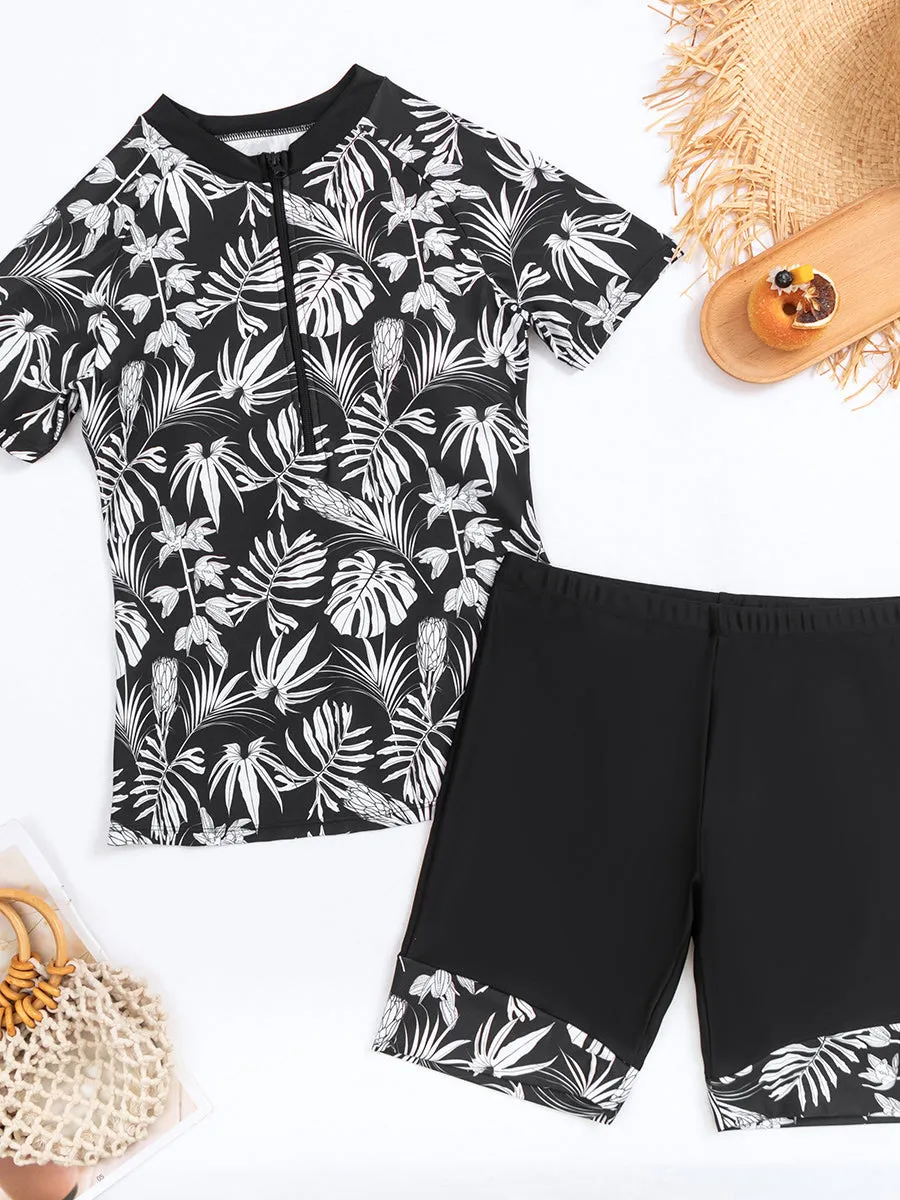 Two piece set Leaf print short-sleeved swimsuit with boxer briefs UPF50  Rash Guard