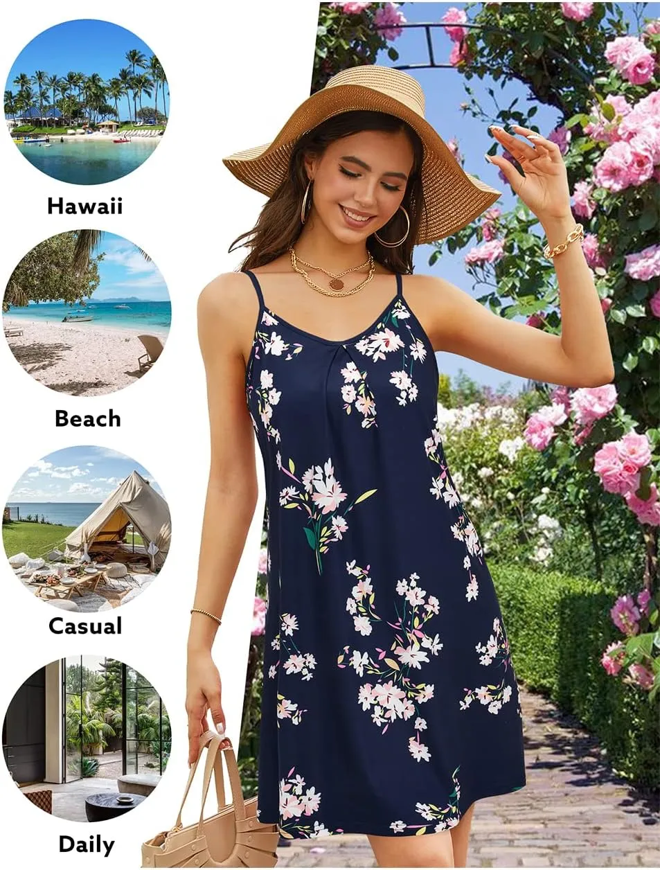ULTRANICE Women's 2024 Summer Casual Beach Dresses Cover Ups Floral V Neck Spaghetti Strap Backless Mini Sun Dress