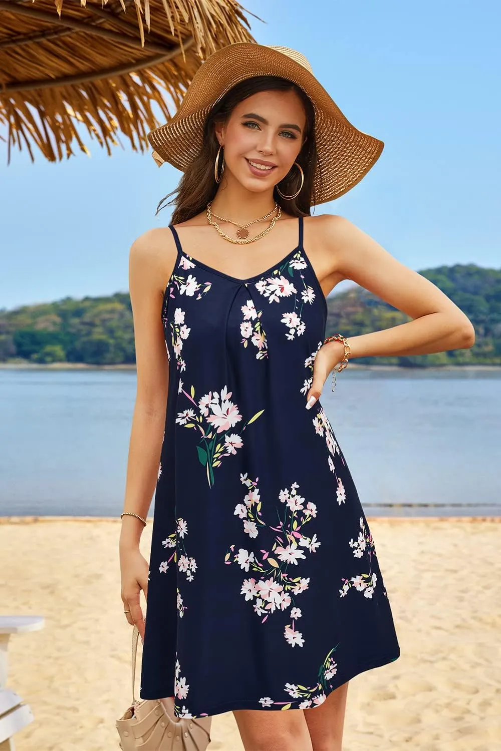 ULTRANICE Women's 2024 Summer Casual Beach Dresses Cover Ups Floral V Neck Spaghetti Strap Backless Mini Sun Dress