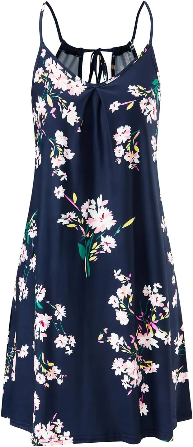 ULTRANICE Women's 2024 Summer Casual Beach Dresses Cover Ups Floral V Neck Spaghetti Strap Backless Mini Sun Dress