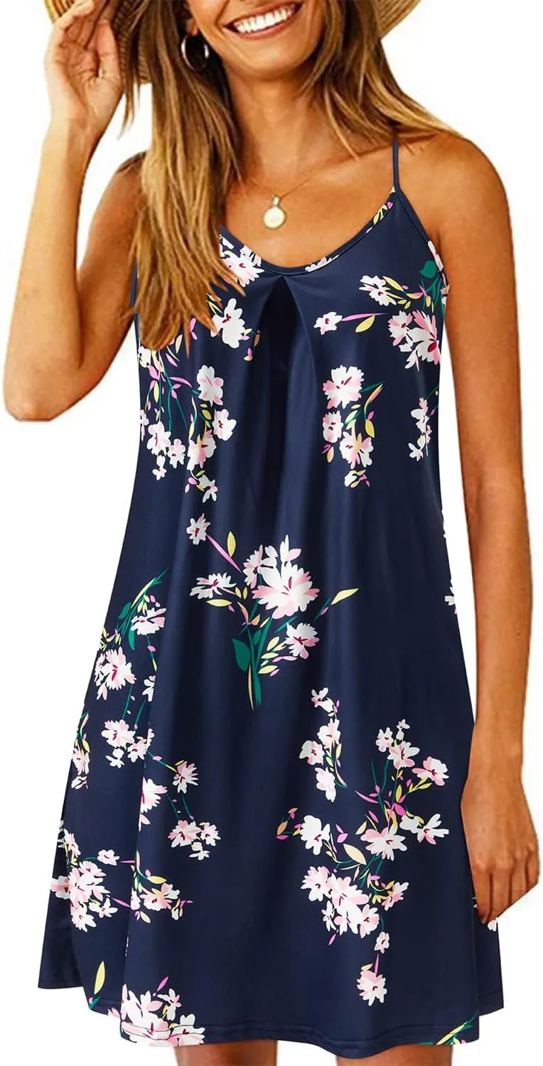 ULTRANICE Women's 2024 Summer Casual Beach Dresses Cover Ups Floral V Neck Spaghetti Strap Backless Mini Sun Dress