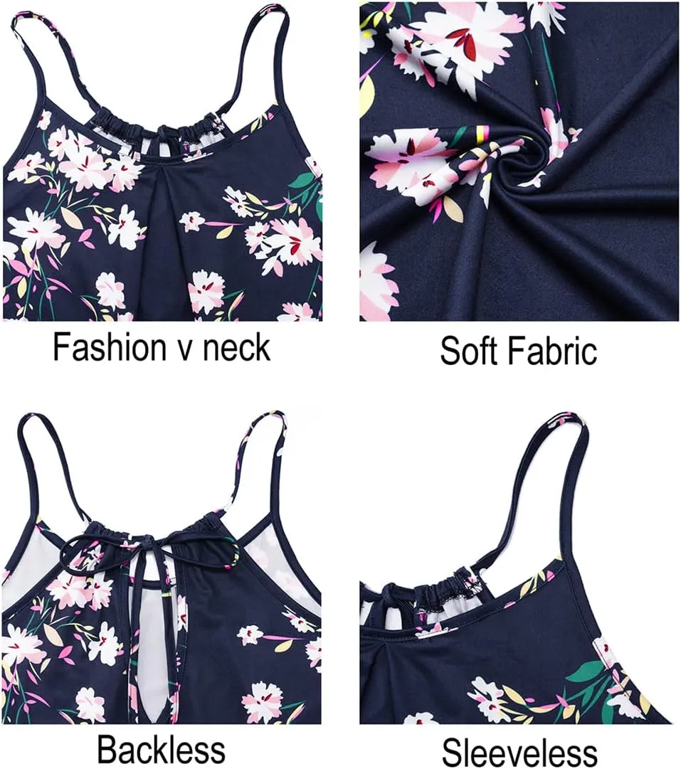 ULTRANICE Women's 2024 Summer Casual Beach Dresses Cover Ups Floral V Neck Spaghetti Strap Backless Mini Sun Dress
