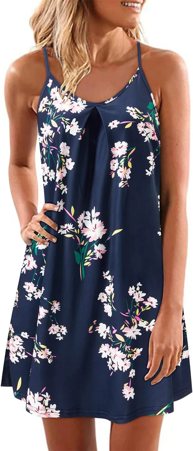 ULTRANICE Women's 2024 Summer Casual Beach Dresses Cover Ups Floral V Neck Spaghetti Strap Backless Mini Sun Dress