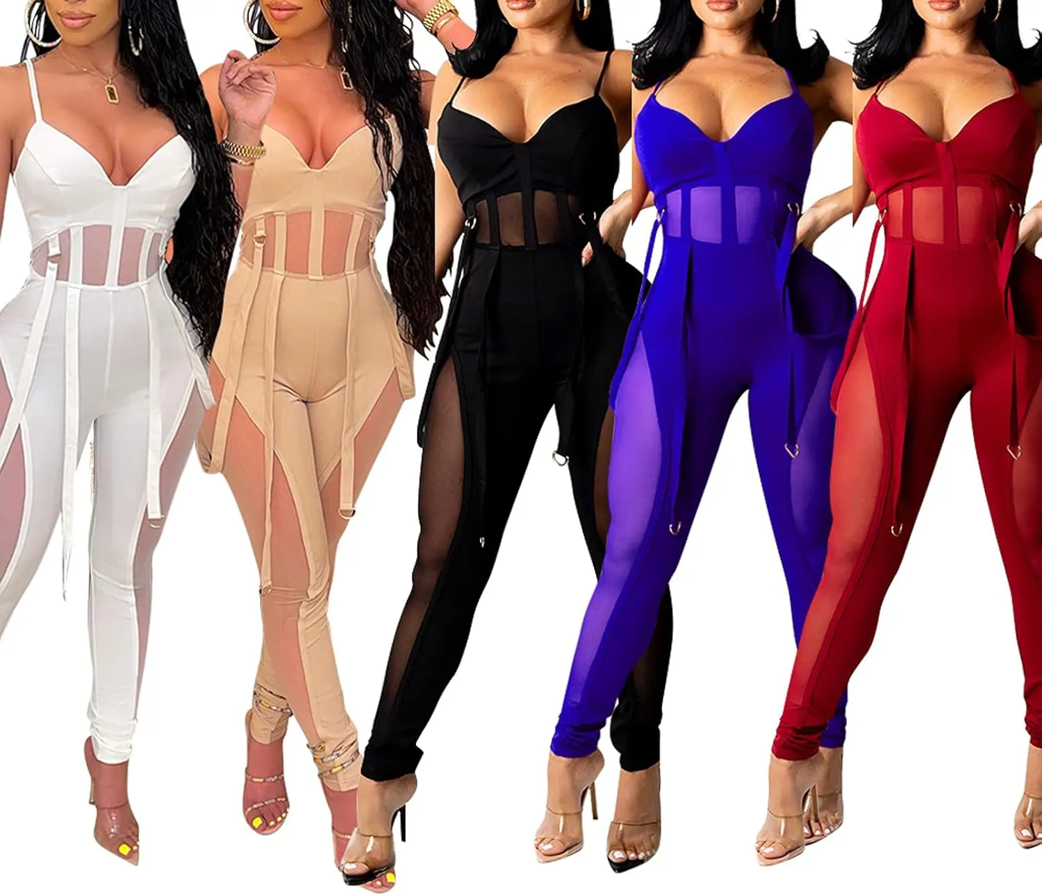 Uni Clau Women Sexy Spaghetti Strap Bodycon Tank One Piece Jumpsuit Mesh Patchwork See Through Long Pants Party Club Romper