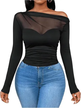 WDIRARA Women's One Shoulder Mesh Long Sleeve Tops Sexy Night Out Shirts